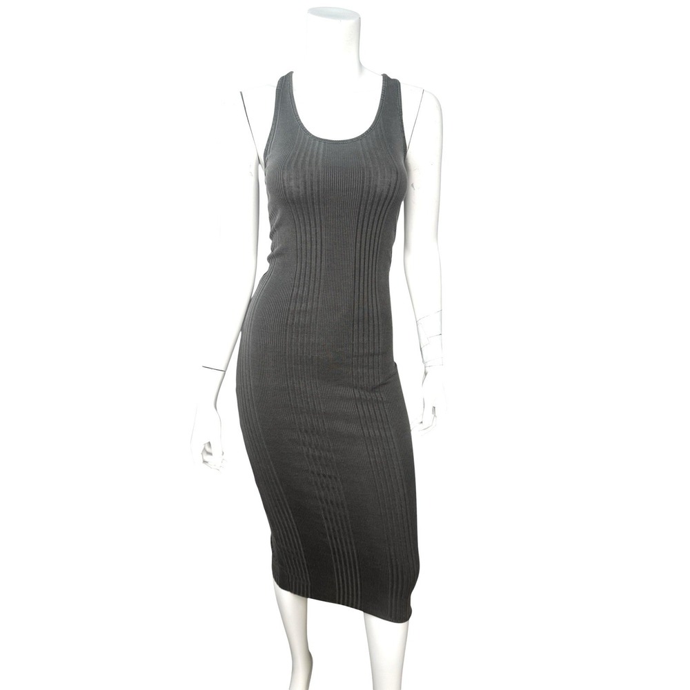 NSF Ribbed Knit Racerback Sleeveless Dress XS Midi Gray Cotton Modal Bodycon